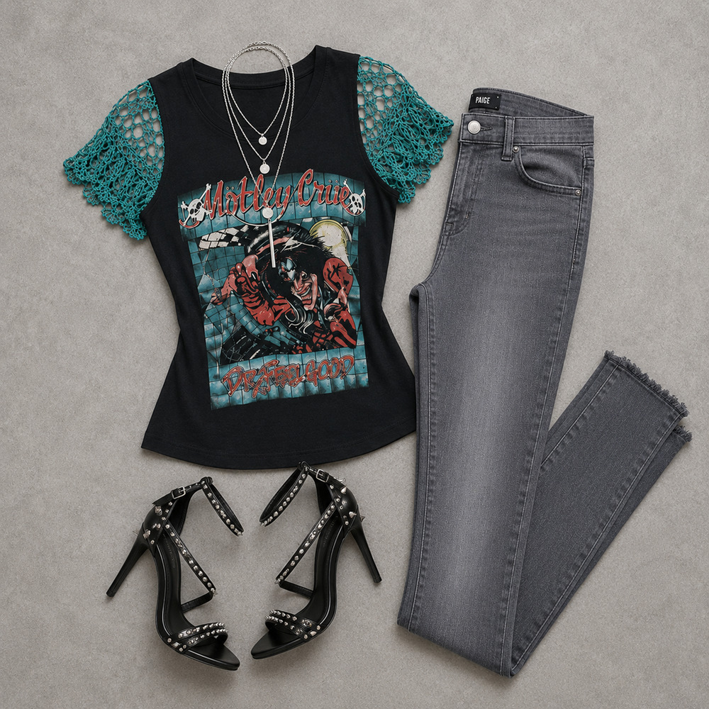 Upcycled S/S Crochet Flutter Sleeve Motley Crue Tee
